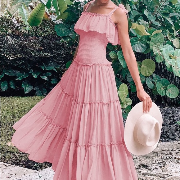 🆕 Lulu’s BOHEMIAN DUSTY PINK SMOCKED TIERED MAXI - Picture 3 of 8